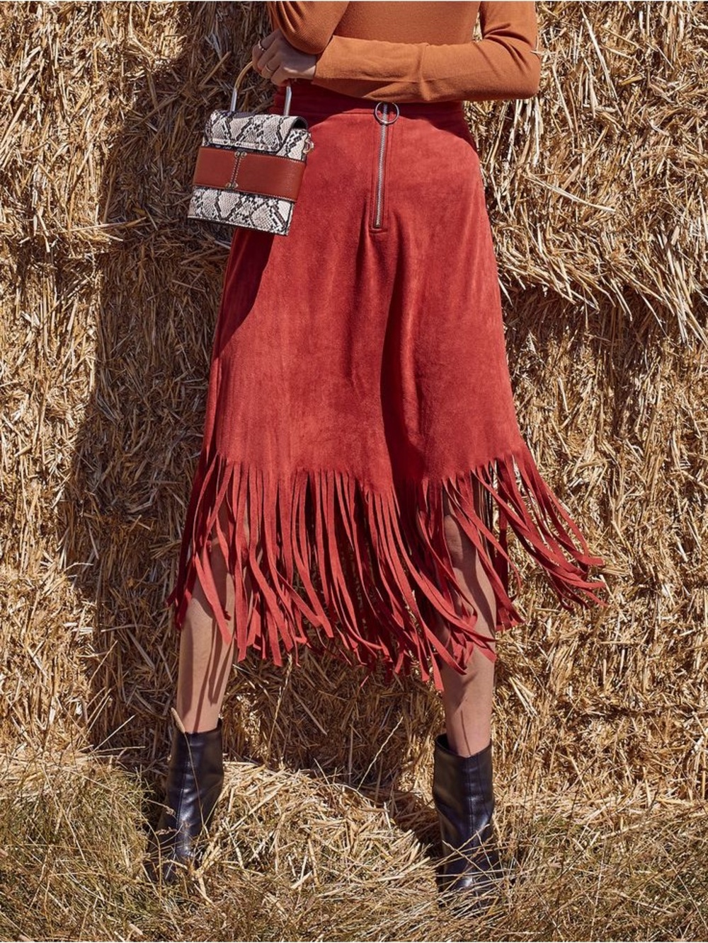 Fringe Suede Midi Skirt in Rust